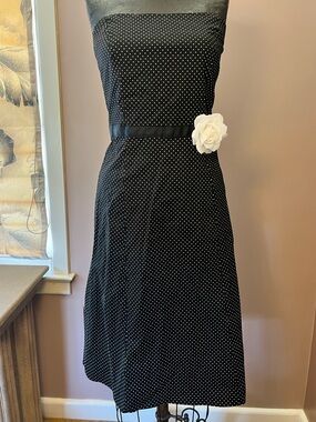 Y2K Pin Up Girl Rockabilly Black & White Polka Dot Flower Belt Strapless Dress 8